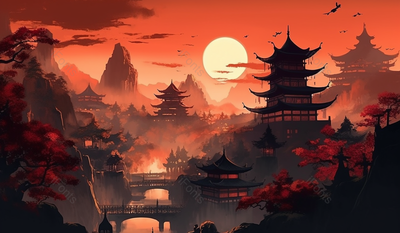 中国风山水建筑湖泊河流植被水墨背景,插画/手绘图,插画/手绘图库,插画/手绘图下载,插画/手绘